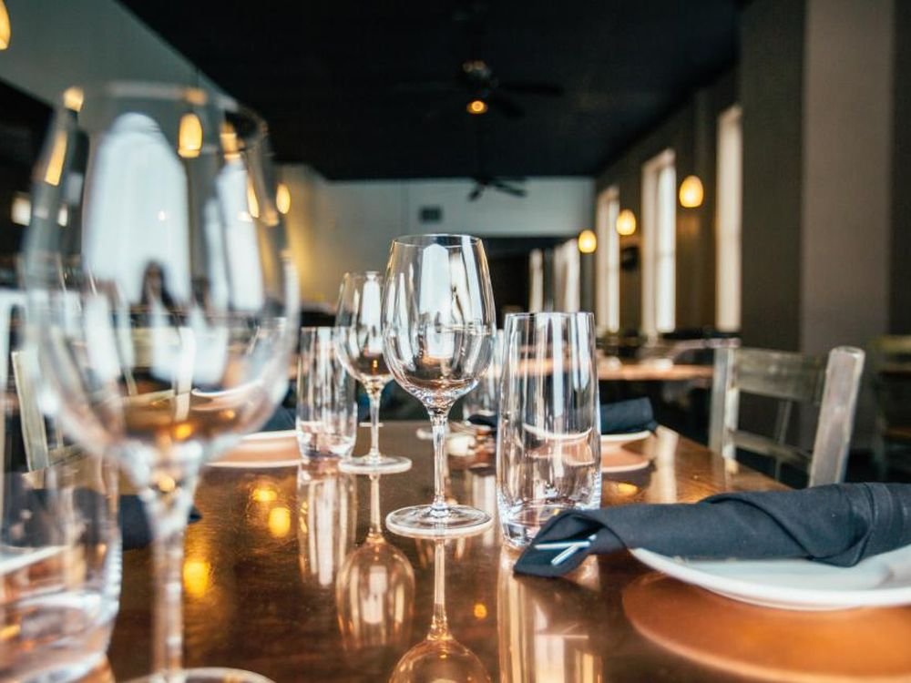 Restaurant bar counter with glassware ready for service